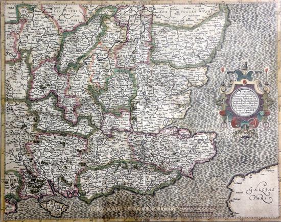 Gerard Mercator. Warwicun, Northamtonia, Huntingdonia, a coloured engraved map of the South East Corner of England, 54 x 43cm